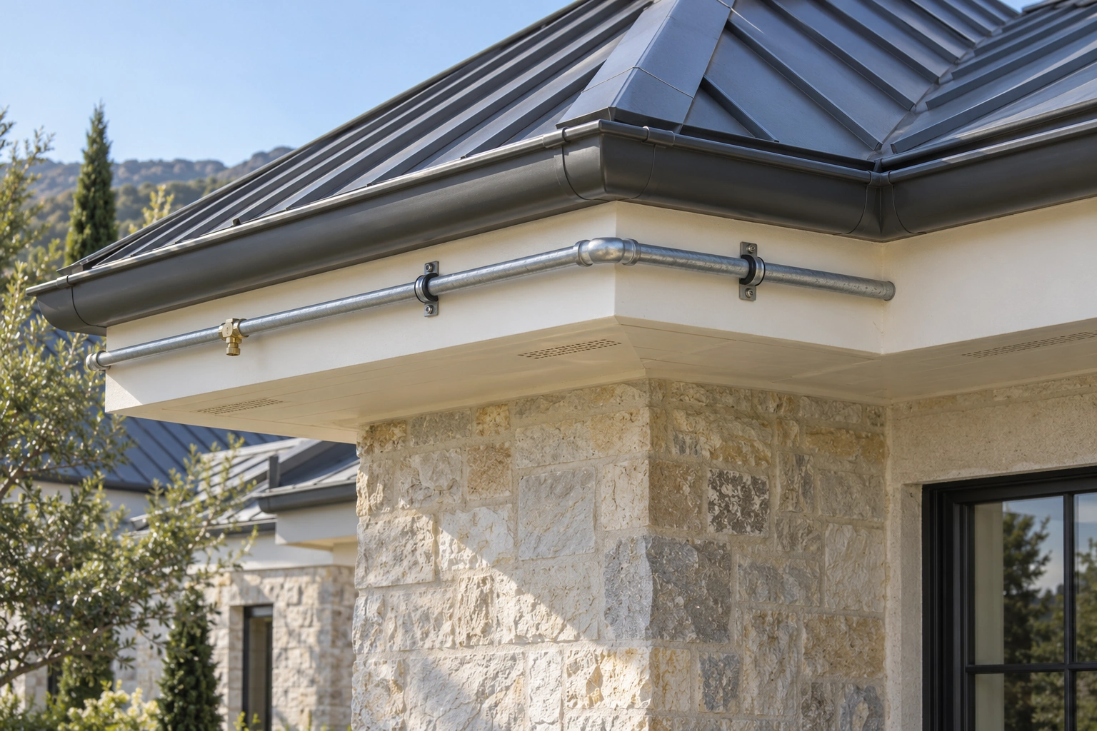 Supported metal water pipe turning an outside fascia corner through a connected elbow below the gutter
