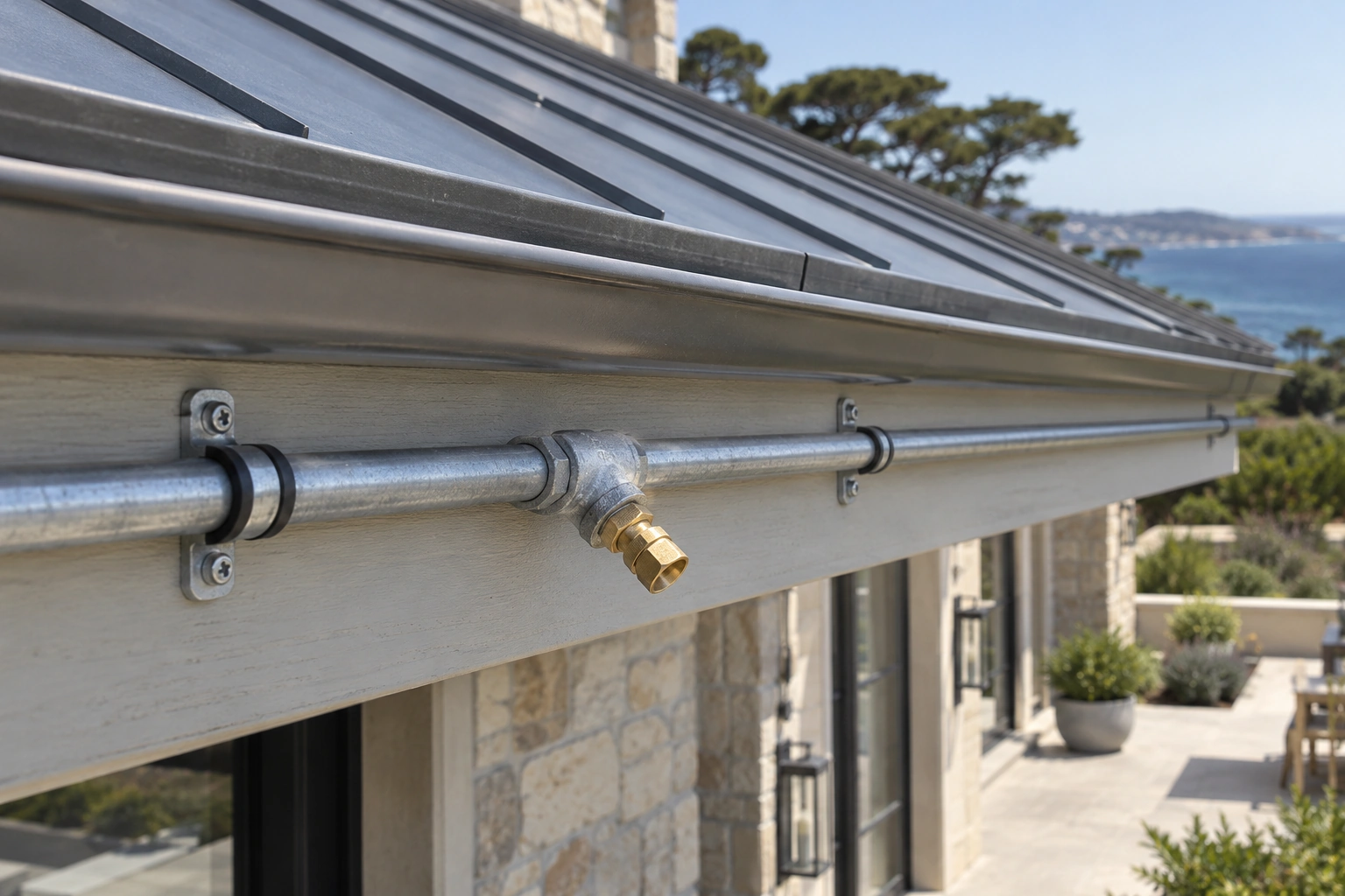 Close detail of a brass exterior spray nozzle connected to the metal eave distribution line