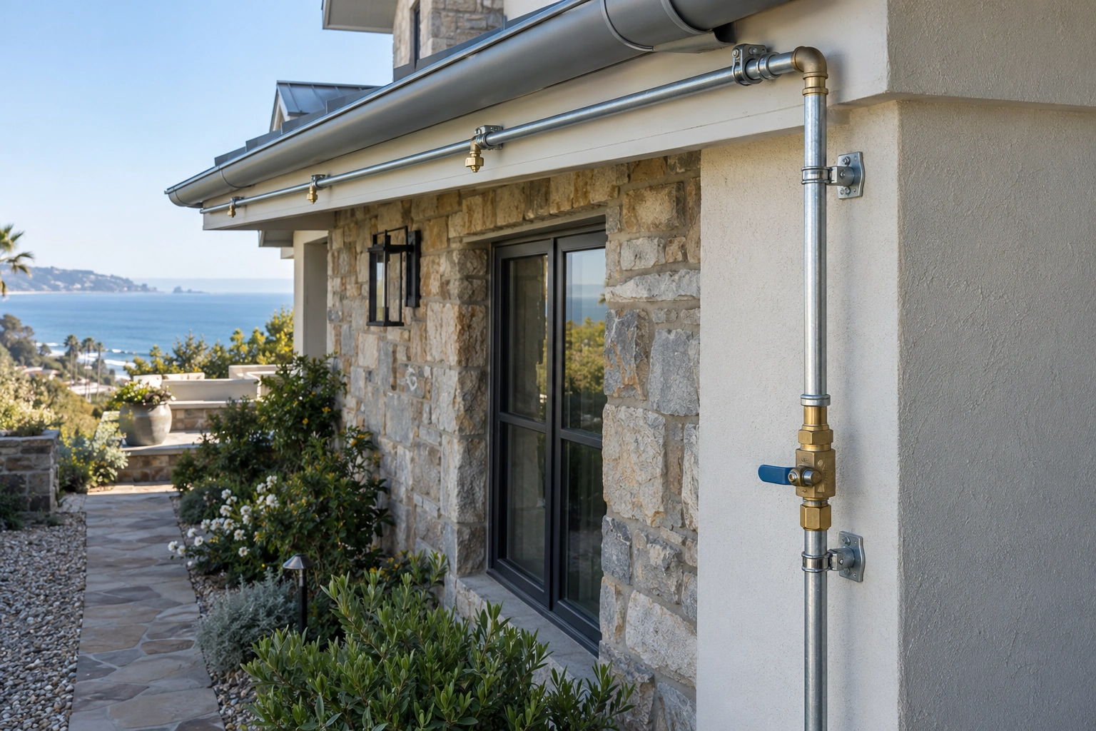 Accessible exterior water-feed riser and isolation valve leading toward an eave sprinkler distribution line
