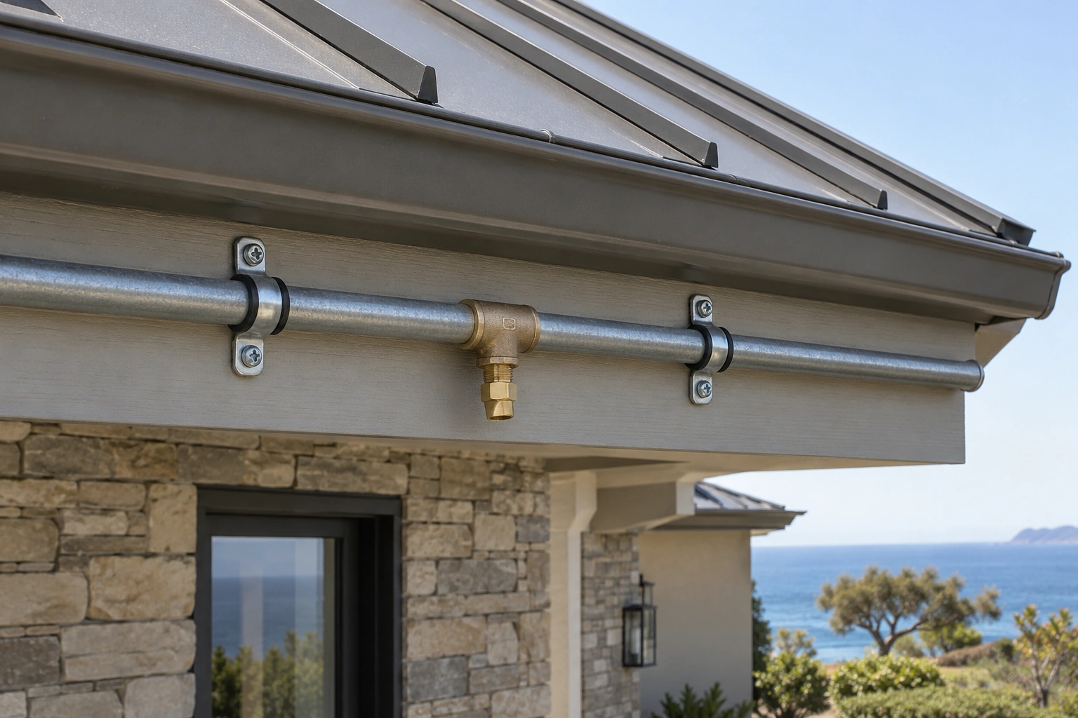 Dry threaded metal tee and connected outdoor nozzle supported by lined saddles along a solid fascia