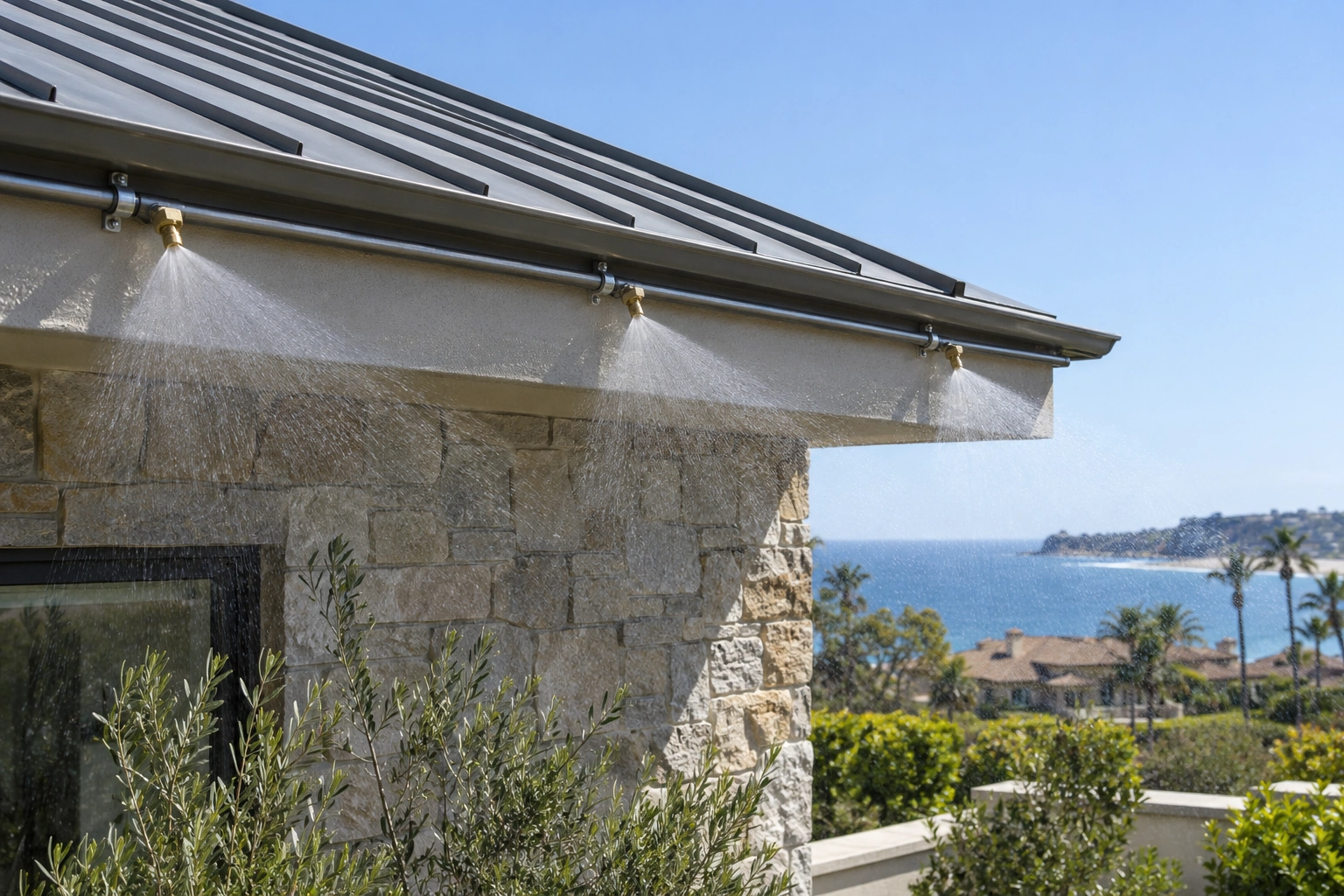 Connected eave nozzles producing visible fan-shaped water sprays along the exterior of a luxury residence