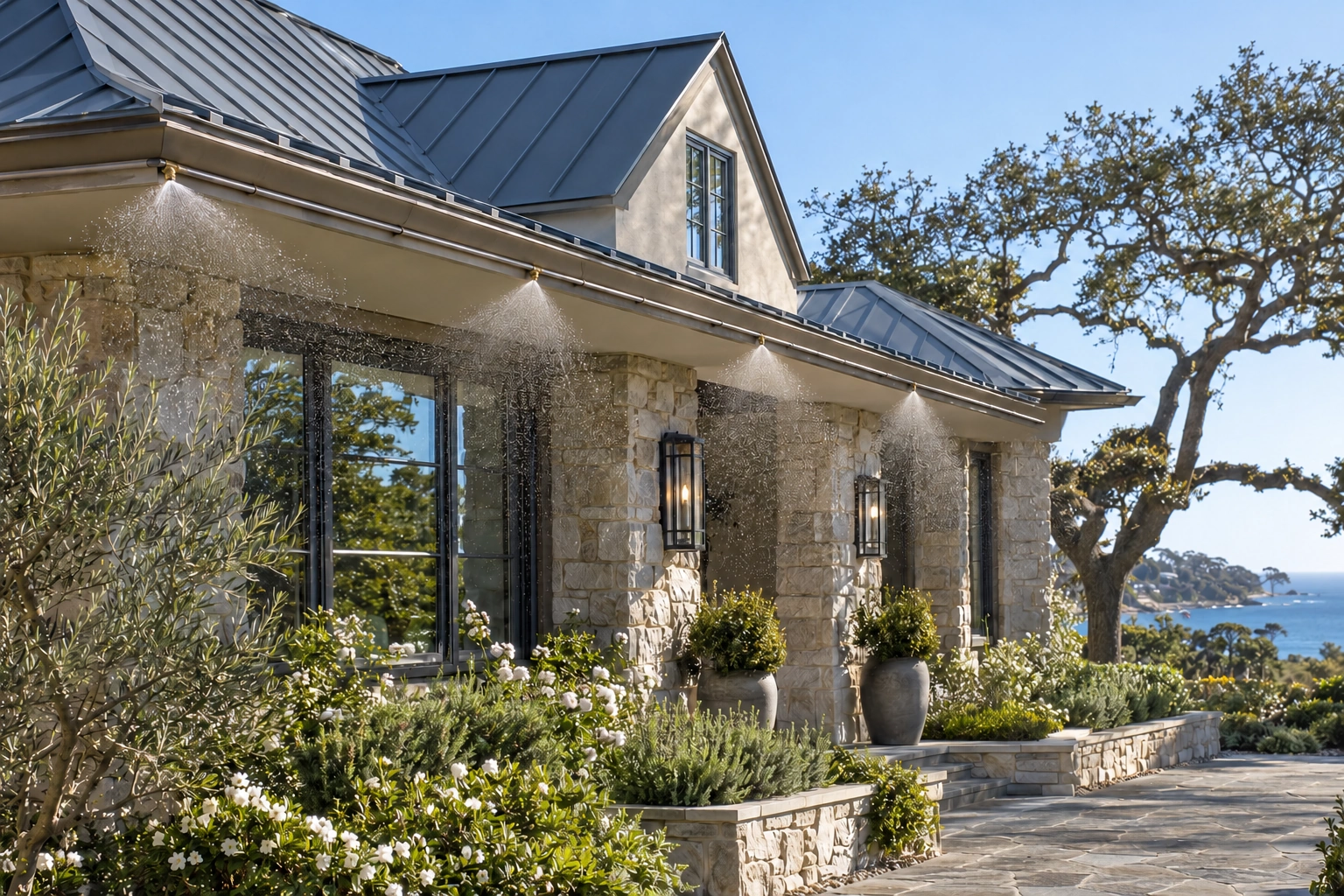 Luxury California estate with visible roof-edge nozzles operating along the outer eaves during a controlled demonstration