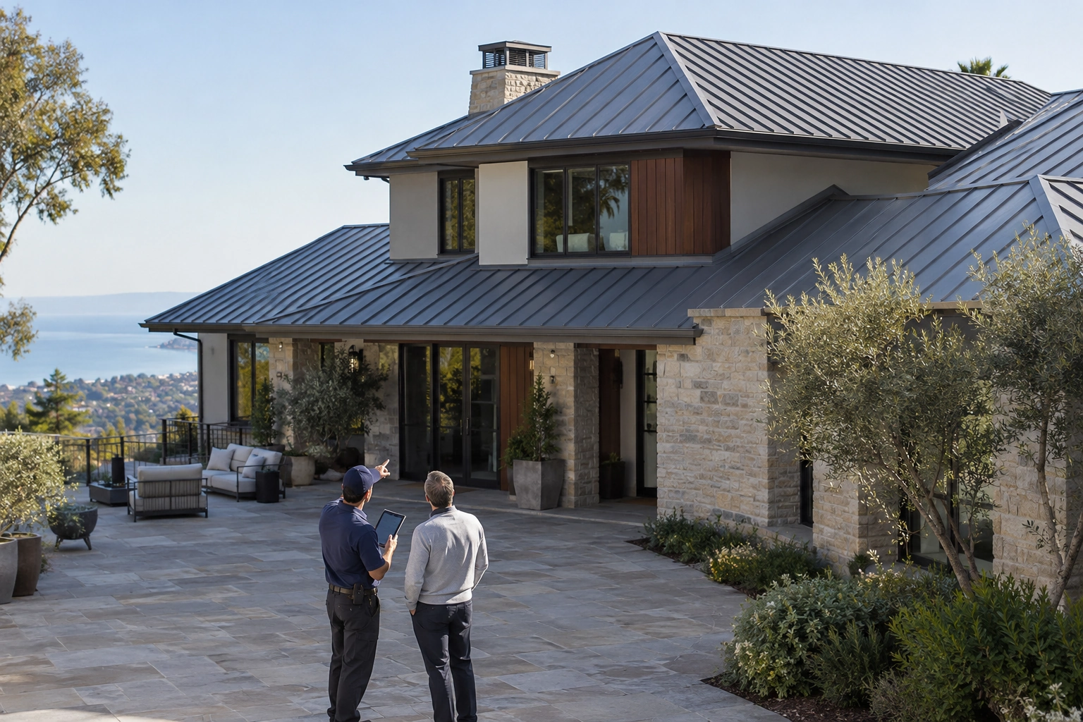 Installer and homeowner reviewing the metal roof of a luxury California estate from a paved terrace