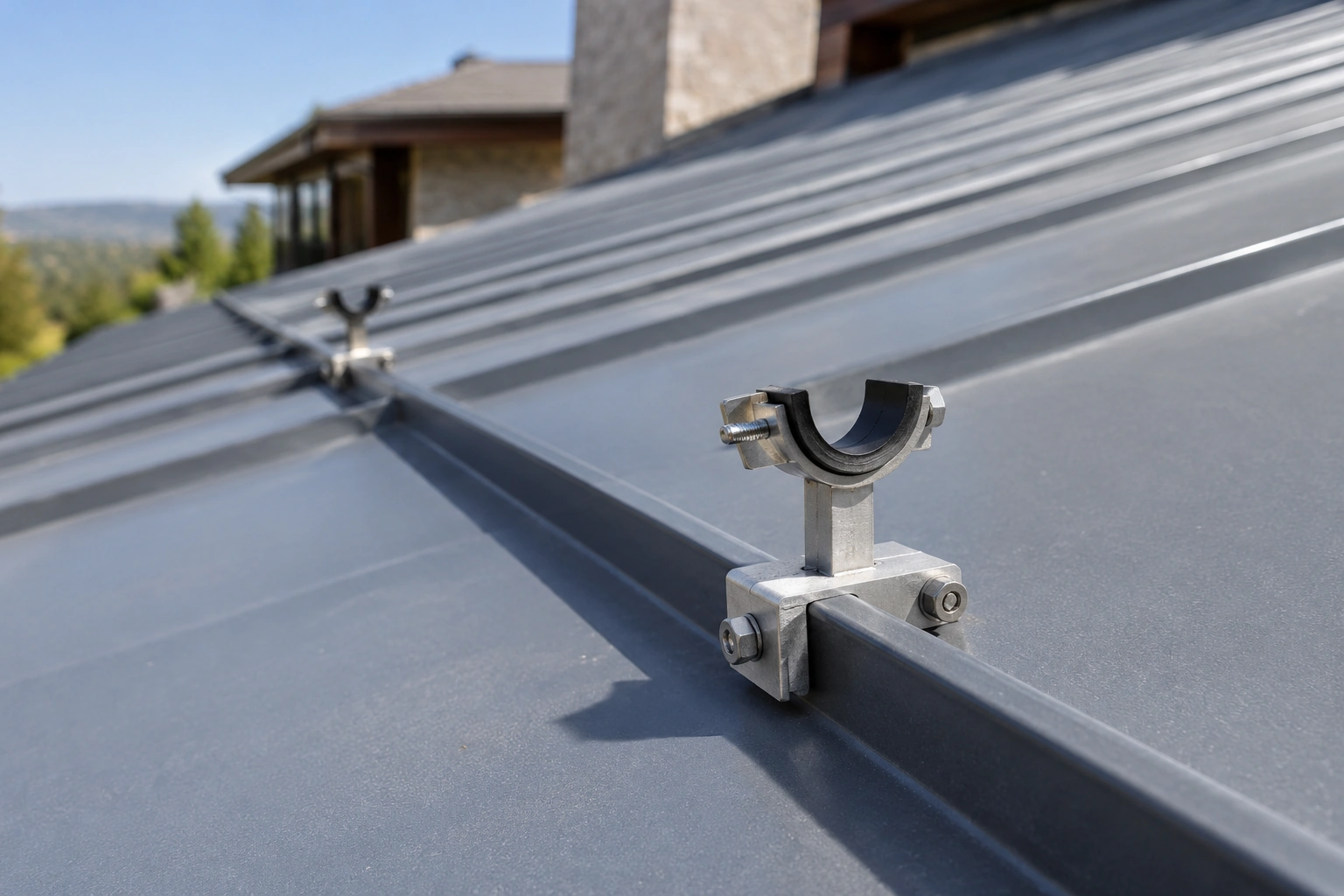 Compact nonpenetrating seam clamp and rubber-lined pipe saddle mounted on a raised metal roof seam