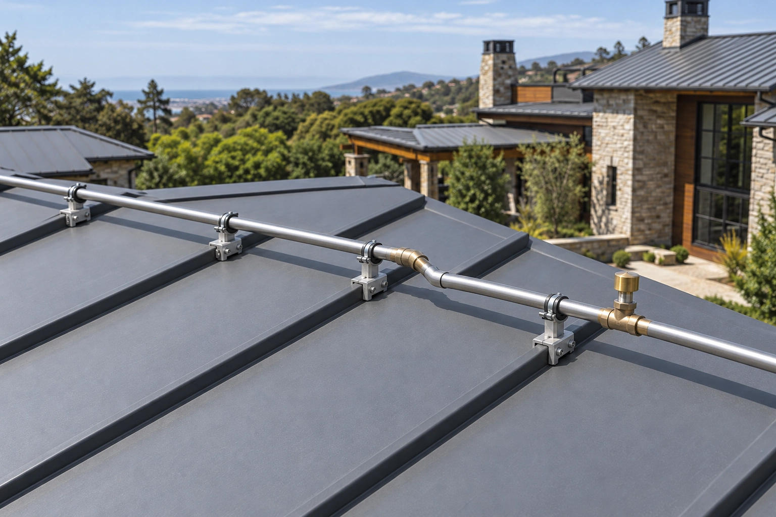 Low metal water line supported above roof panels on isolated seam clamps with a capped sprinkler branch