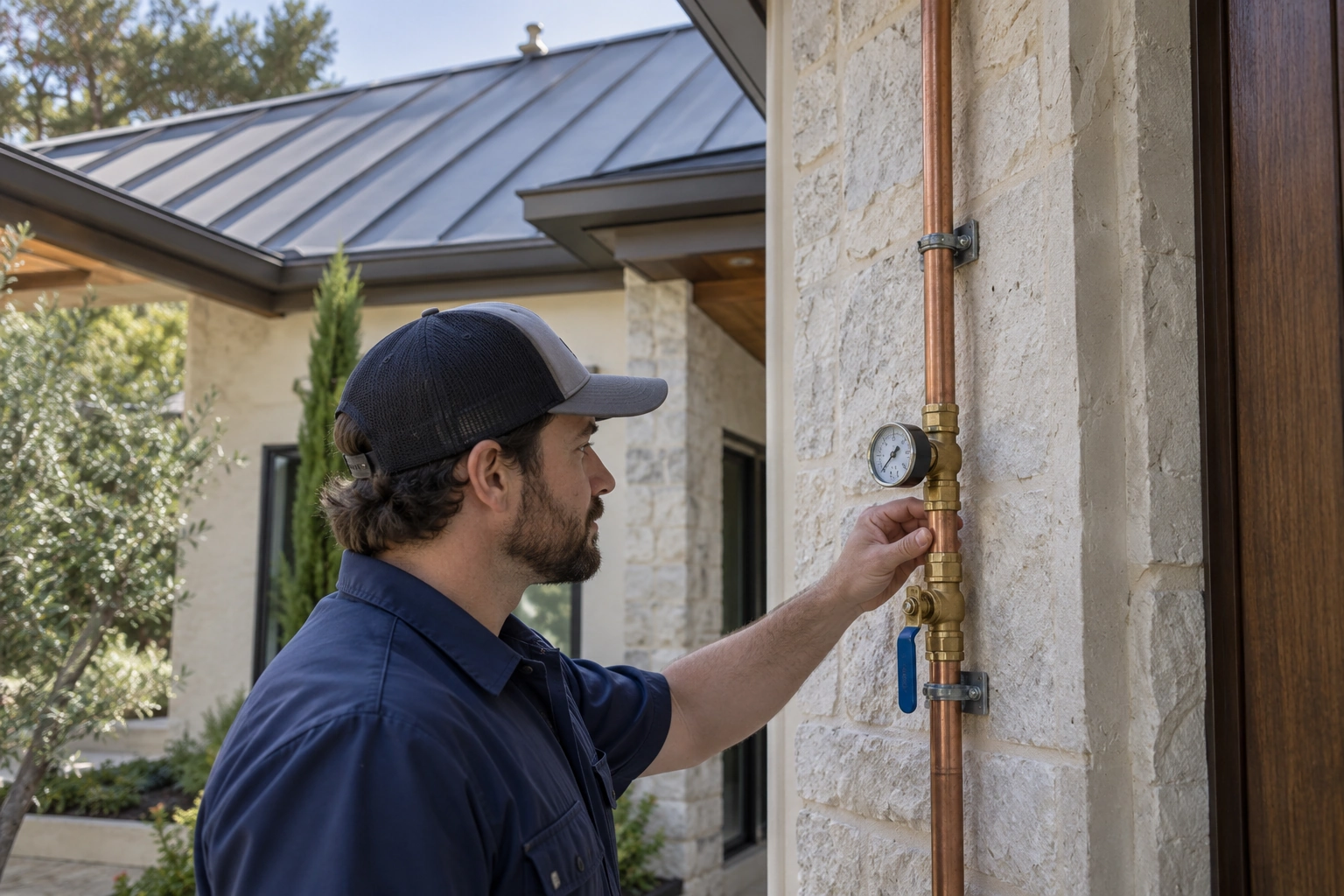Plumber reviewing a pressure gauge and accessible valve on an exterior copper water line at a luxury residence