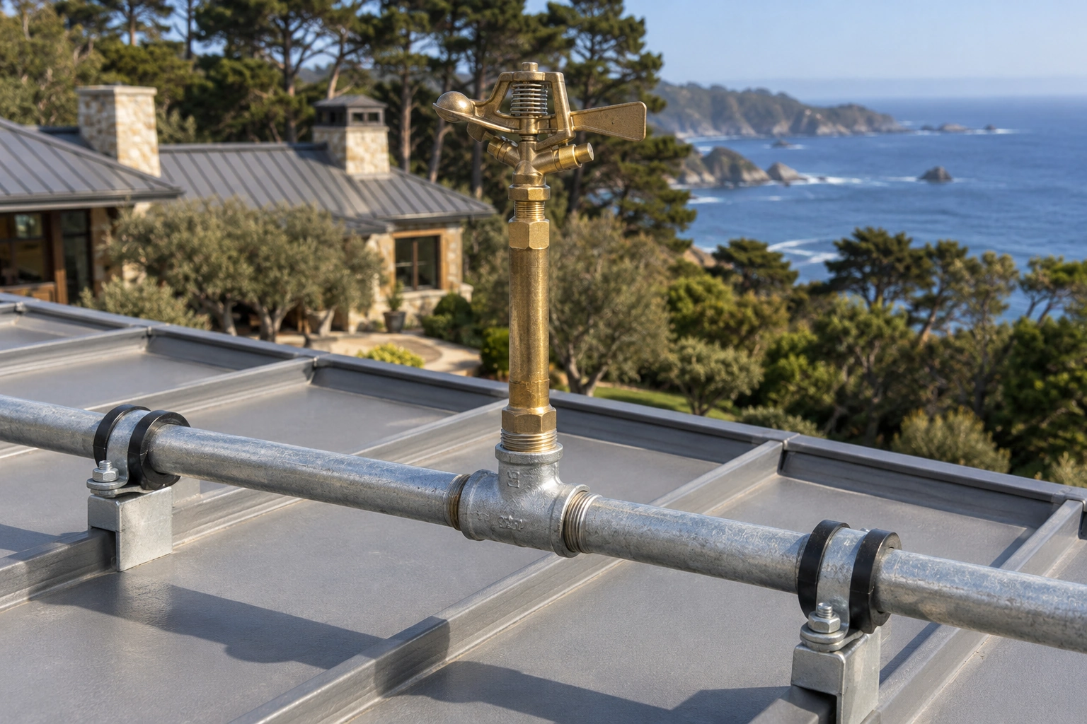 Brass outdoor impact sprinkler on a short supported roof riser connected to a metal water line