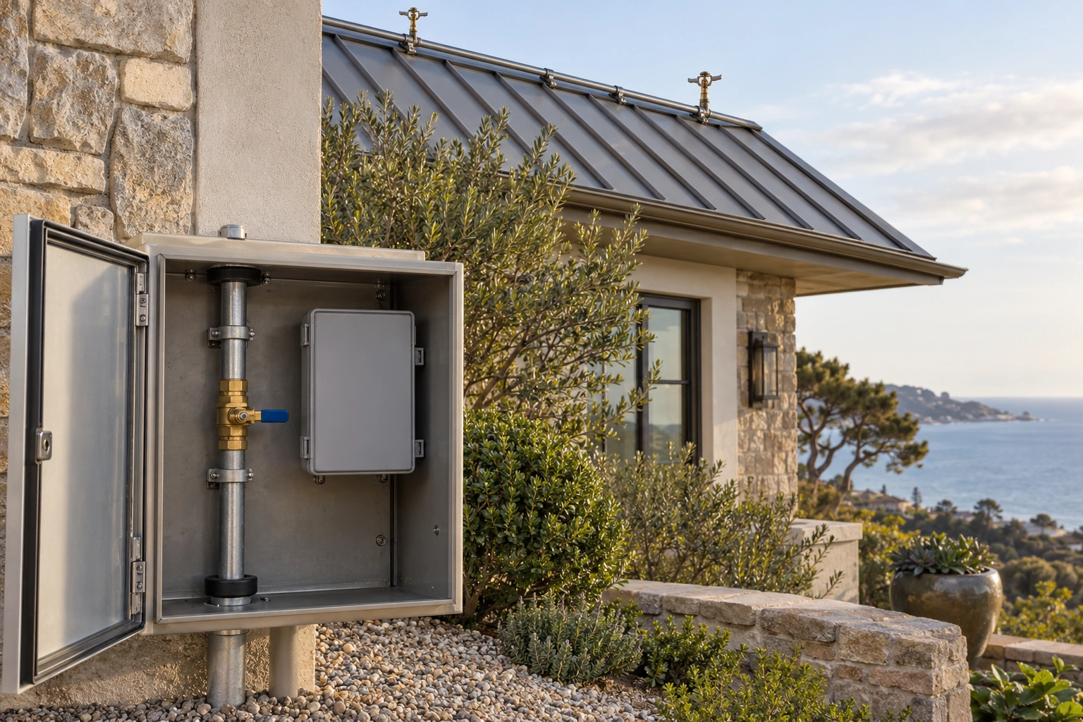 Exterior utility cabinet with a manual water shutoff and weatherproof control enclosure below roof-mounted sprinkler heads