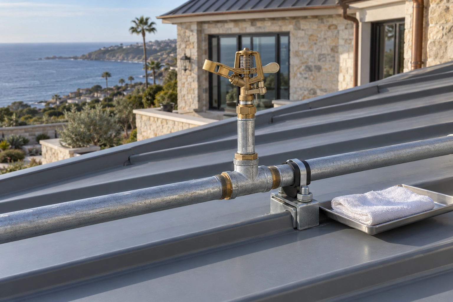 Roof sprinkler riser and threaded water-line tee on a seam-clamped support beside an inspection cloth