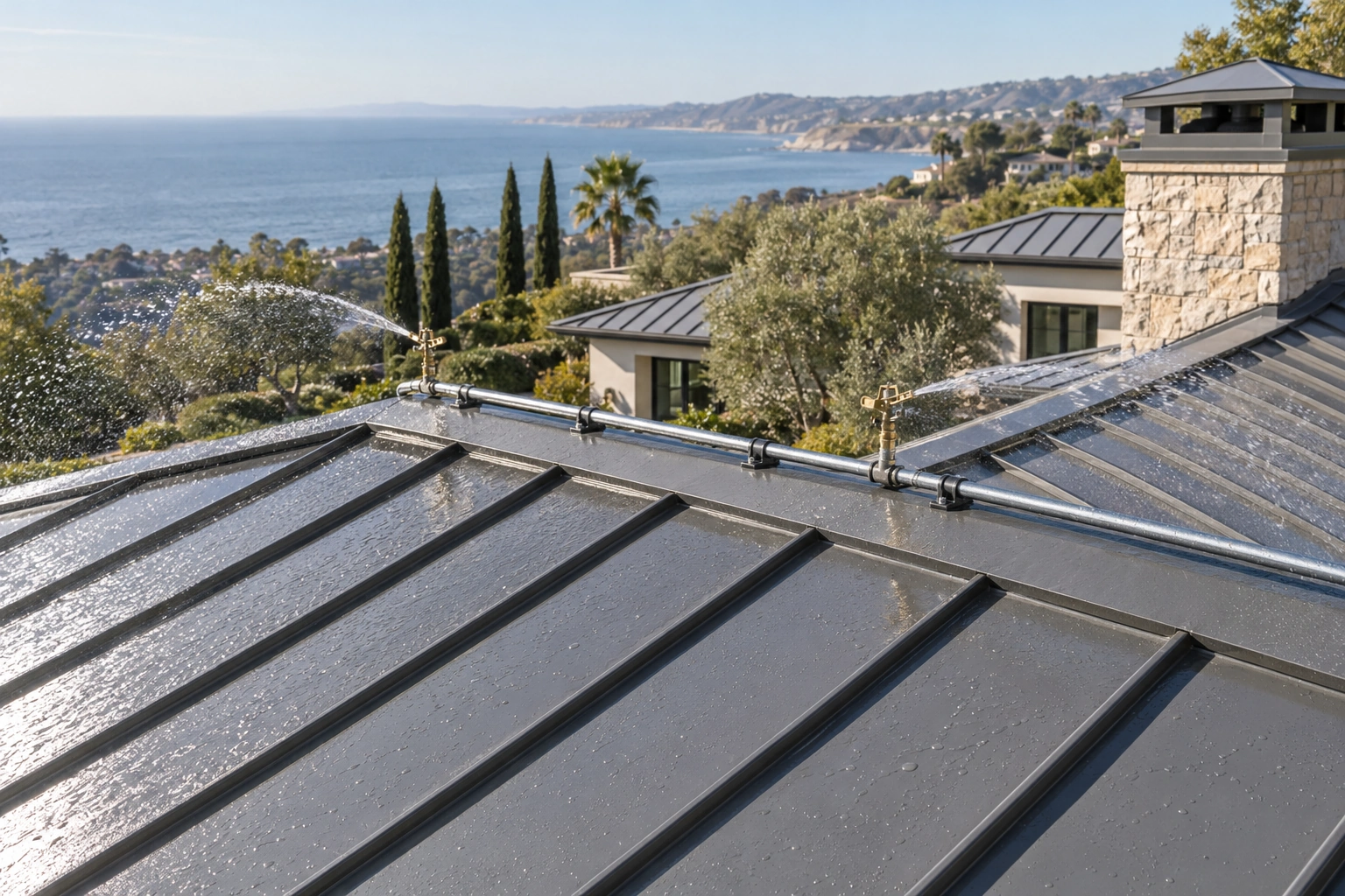 Two roof-mounted brass sprinklers sending visible water arcs across a wet luxury-home metal roof