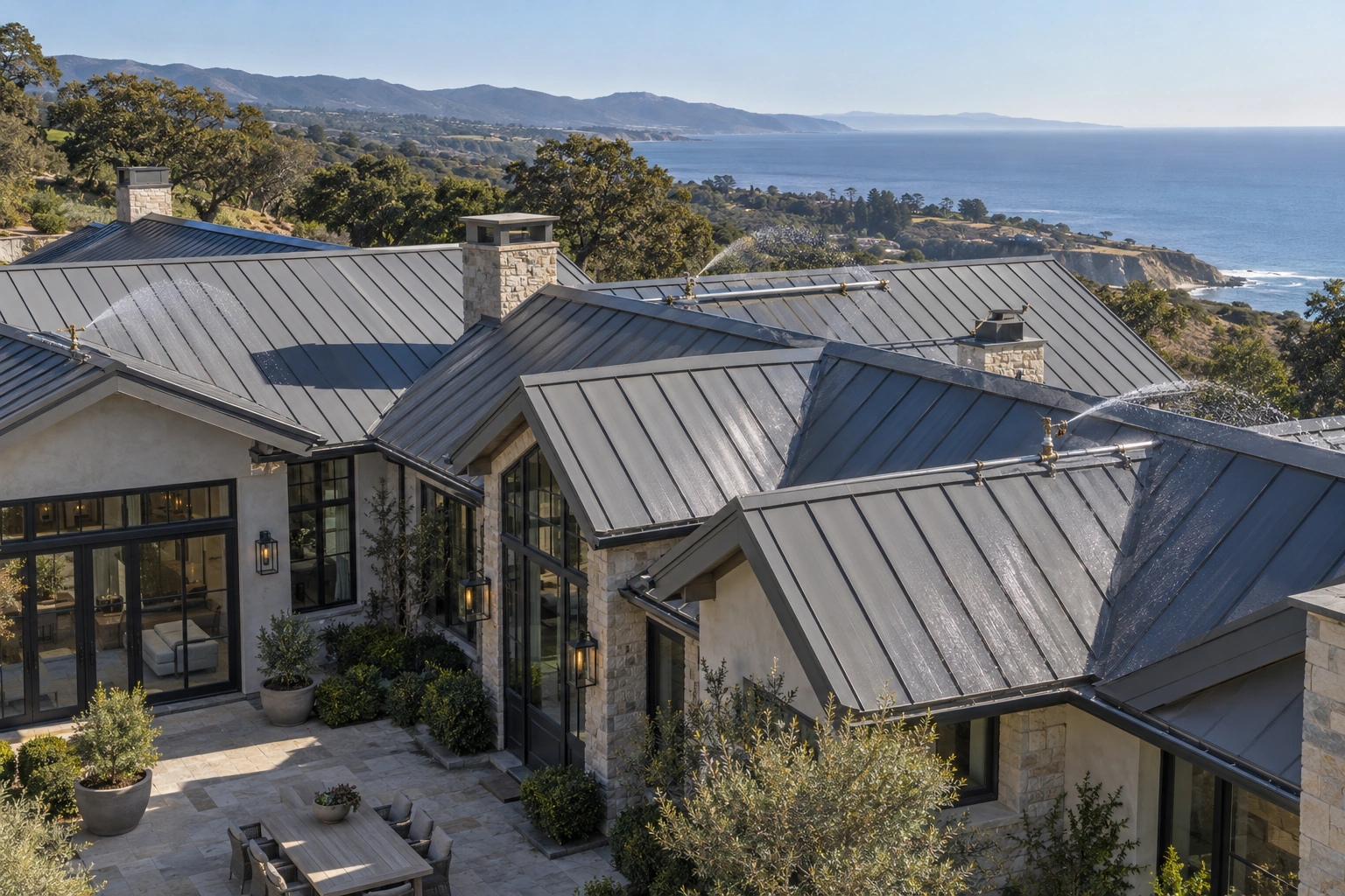 Luxury coastal estate with three roof sprinklers operating during a controlled wetting demonstration