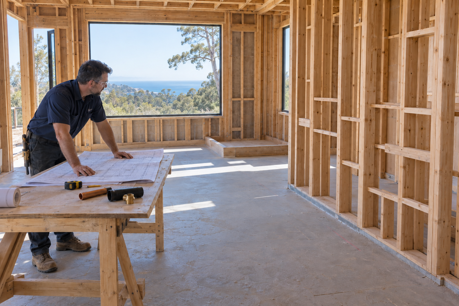 Plumber reviewing fixture plans in the open framing of a spacious California luxury bathroom