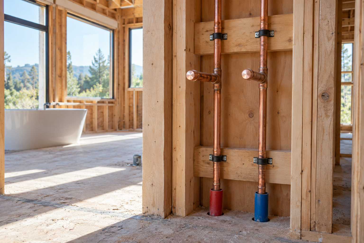 Two separate supported copper water risers with capped fixture outlets and protected floor entries