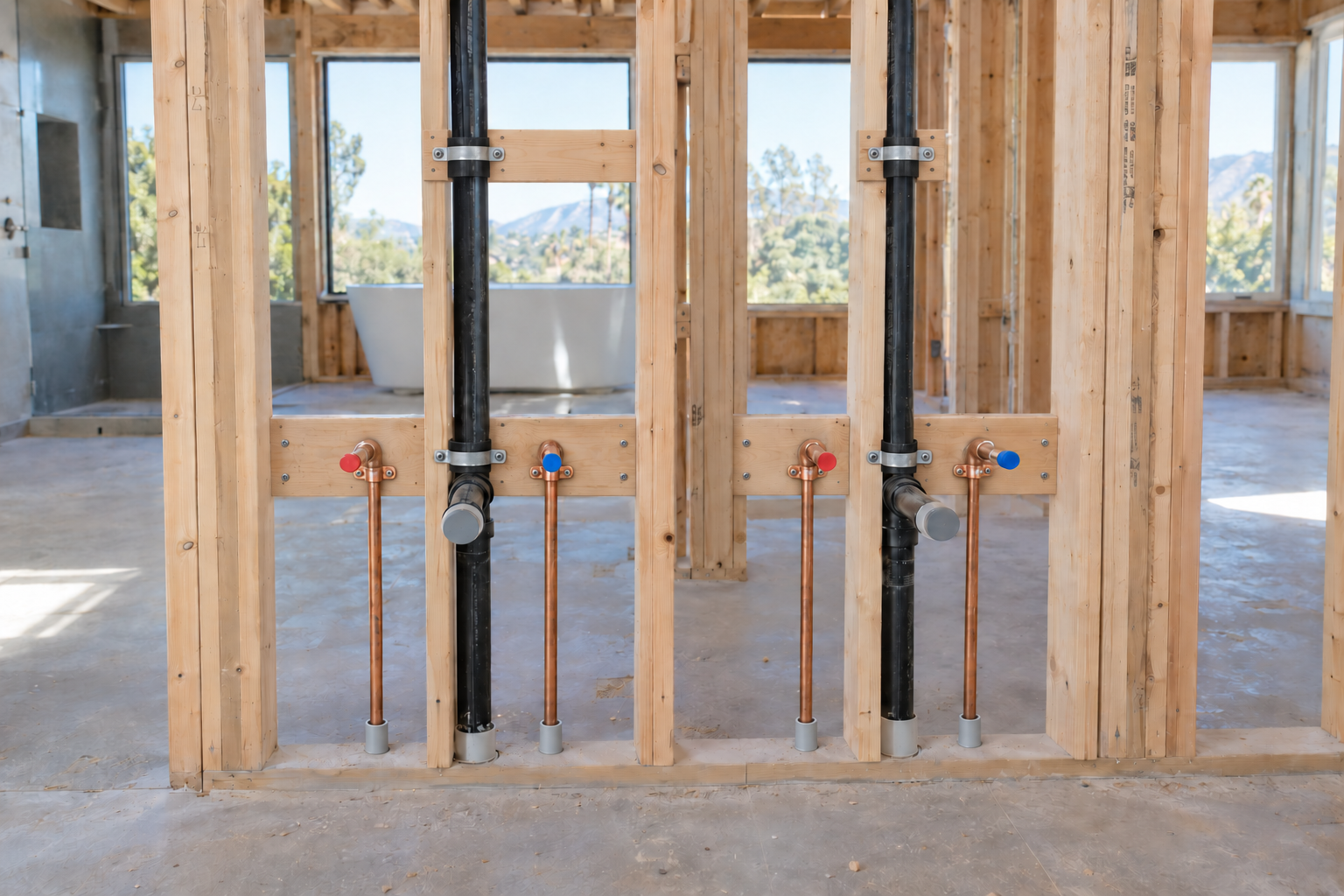 Two planned vanity positions with separate capped water outlets and drain inlets beneath continuous vent risers