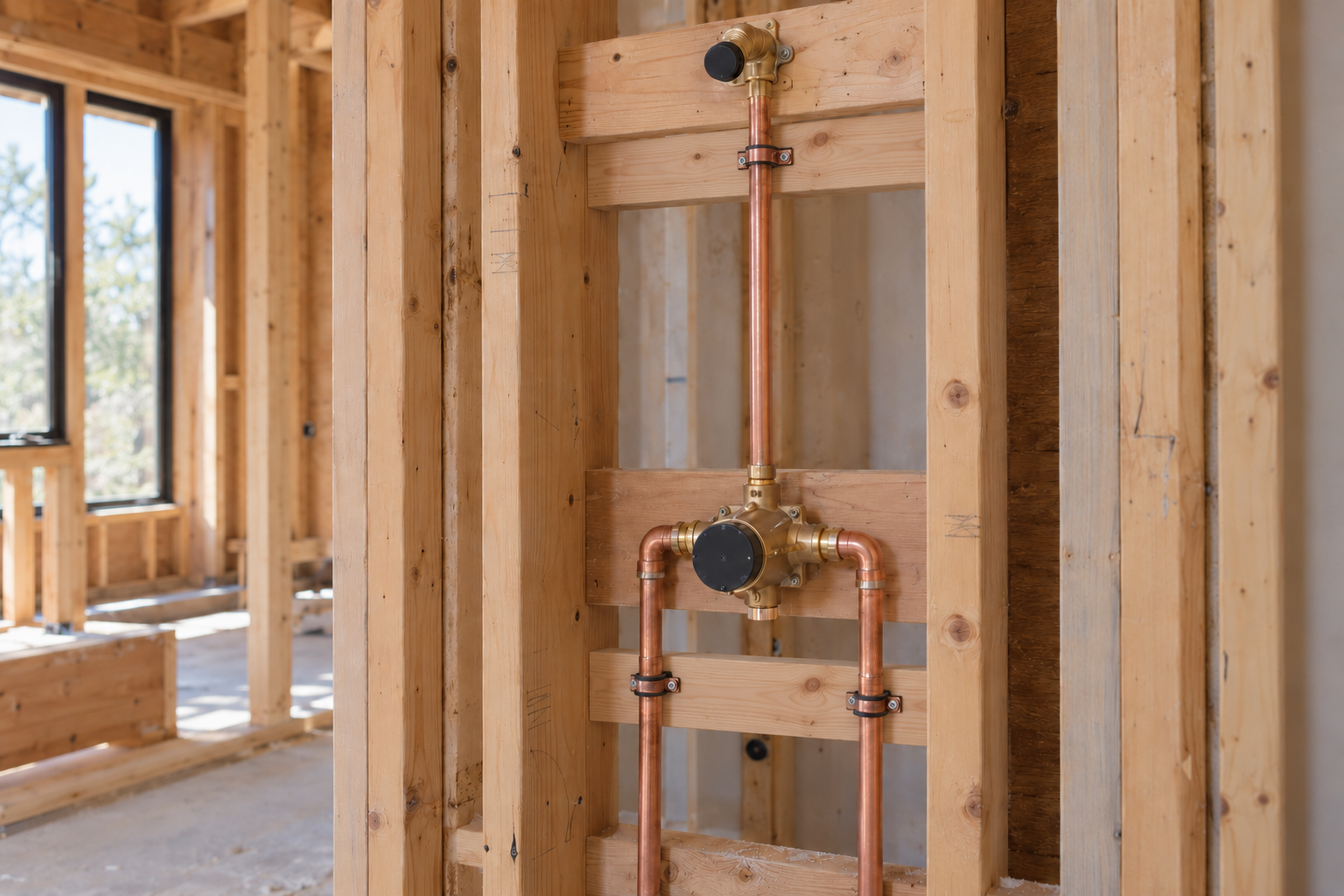 Brass shower rough-in valve secured to blocking with separate copper inlets and a supported riser to the shower outlet