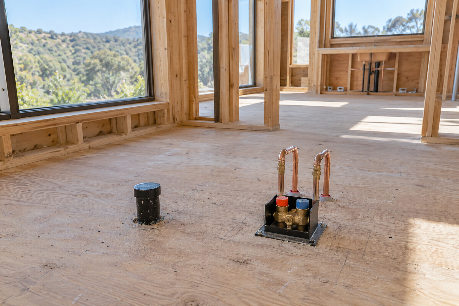 Anchored floor-mounted tub-filler rough-in with separate supply connections beside a capped tub drain