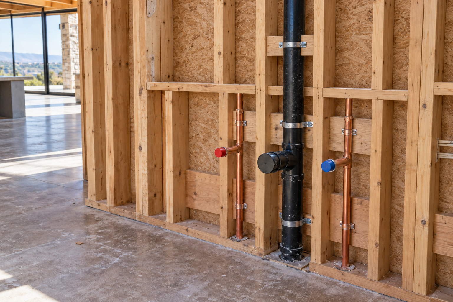 Capped hot and cold copper outlets beside a vented ABS kitchen drain connection in an open service wall