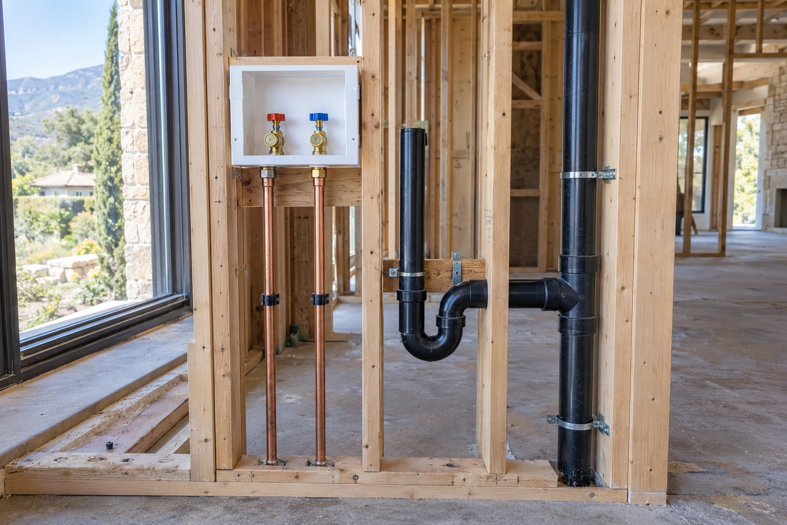 Washing-machine supply box with separate copper feeds beside an above-floor trapped standpipe and vertical drain vent