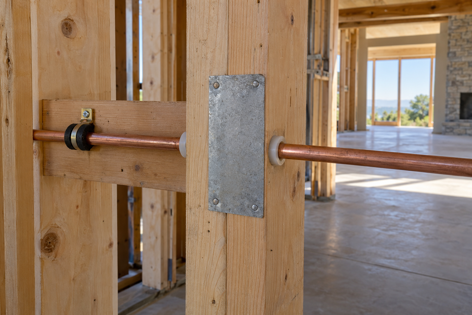 Steel nail plate protecting a copper pipe crossing behind the face of a wood stud, with bushings and a nearby support
