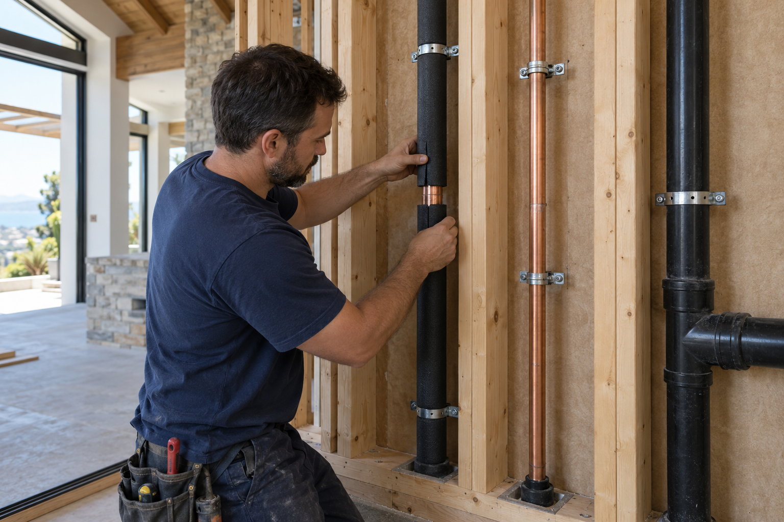 Plumber fitting insulation around a copper hot-water riser beside a separate cold-water line