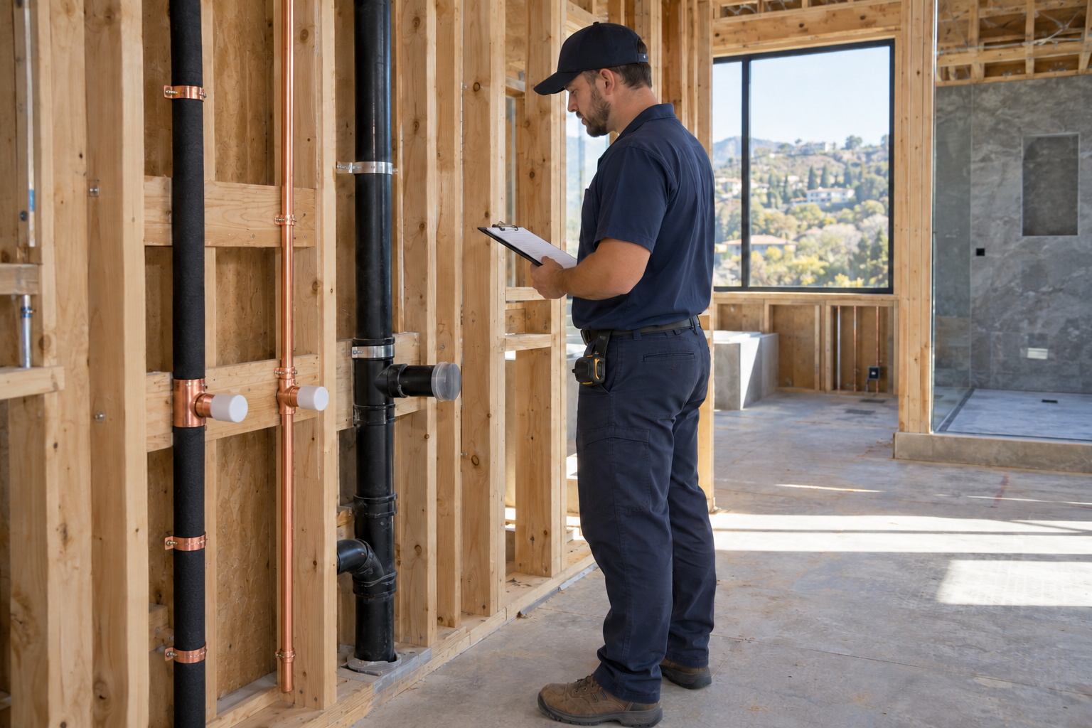 Plumber reviewing separate supply and drain vent rough-ins in an open luxury bathroom service wall