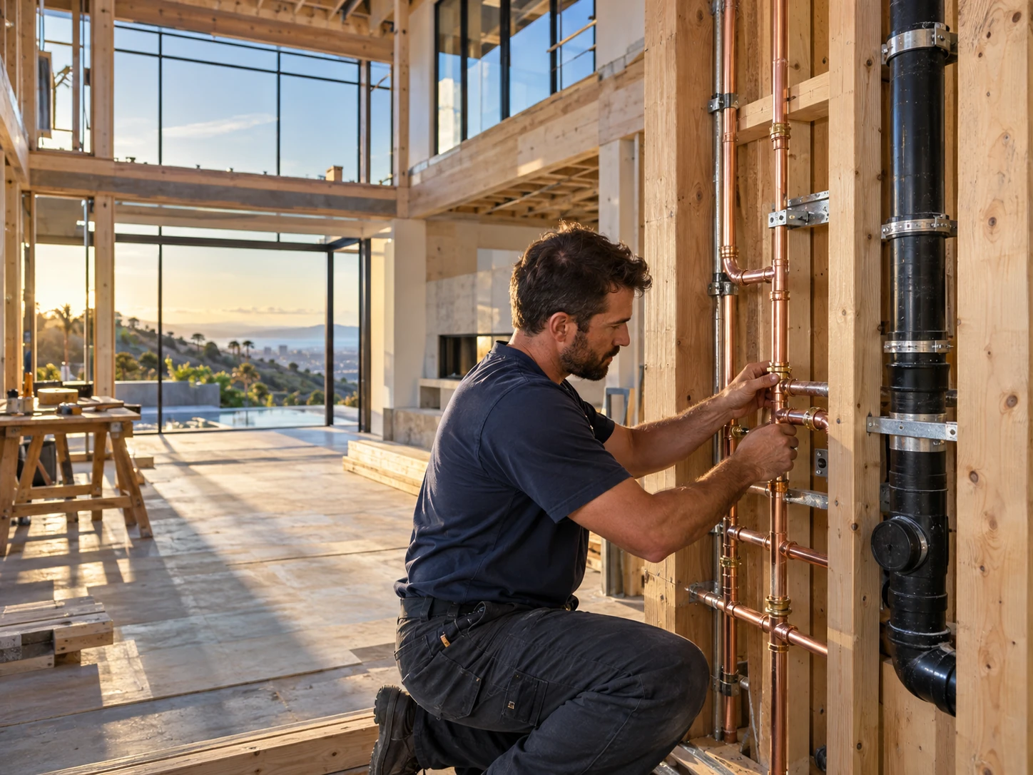 Plumber installing copper supply piping in a sunlit luxury home under construction