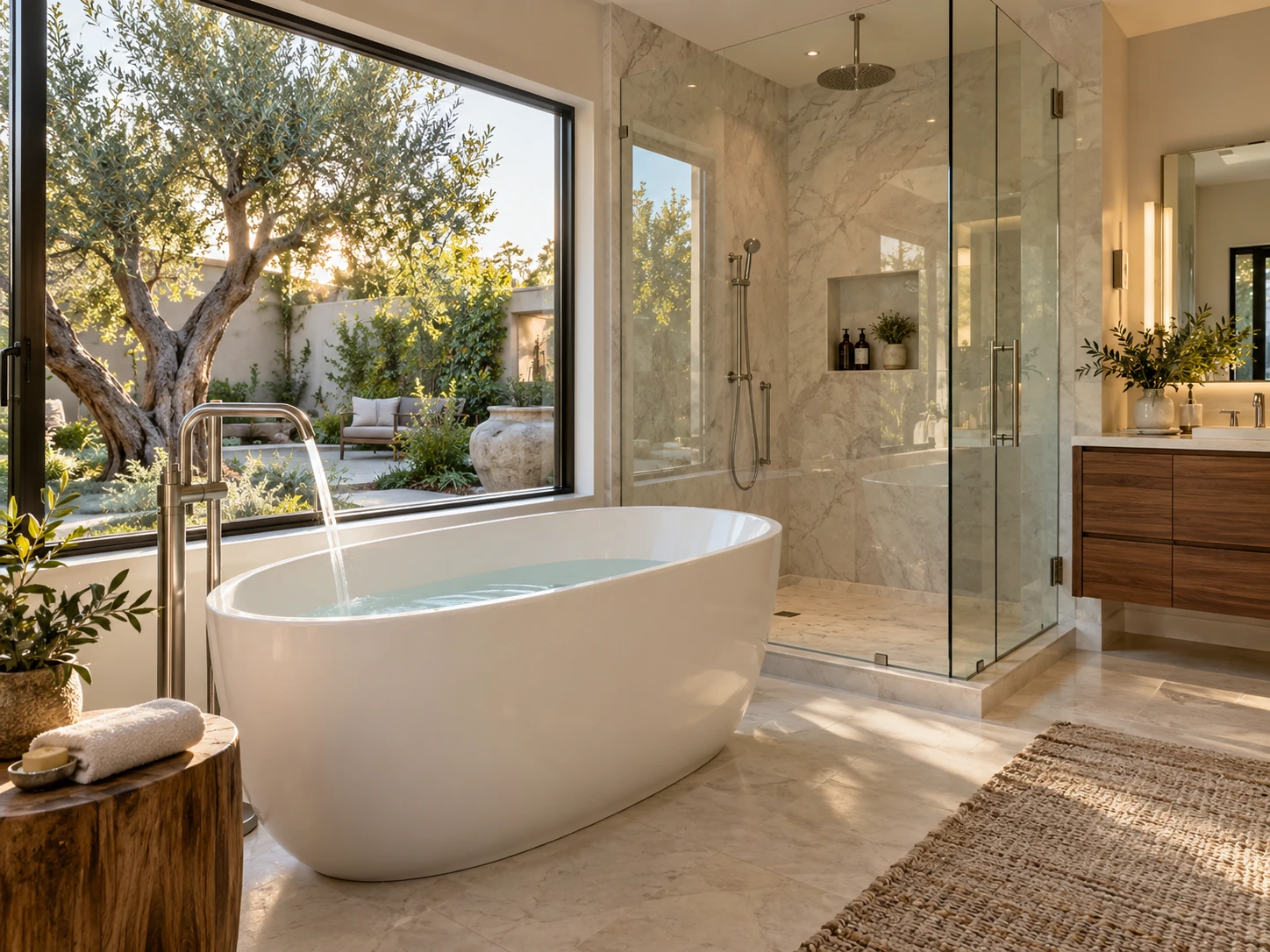 Renovated luxury bathroom with a freestanding bathtub, flowing tub filler, and glass shower