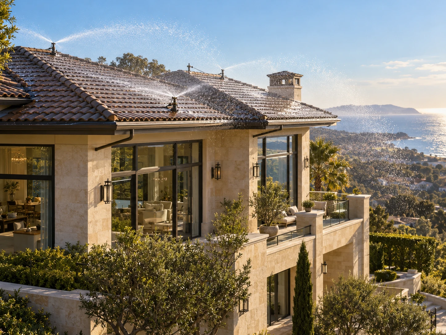Exterior roof sprinklers spraying water across the tiled roof of a luxury California home