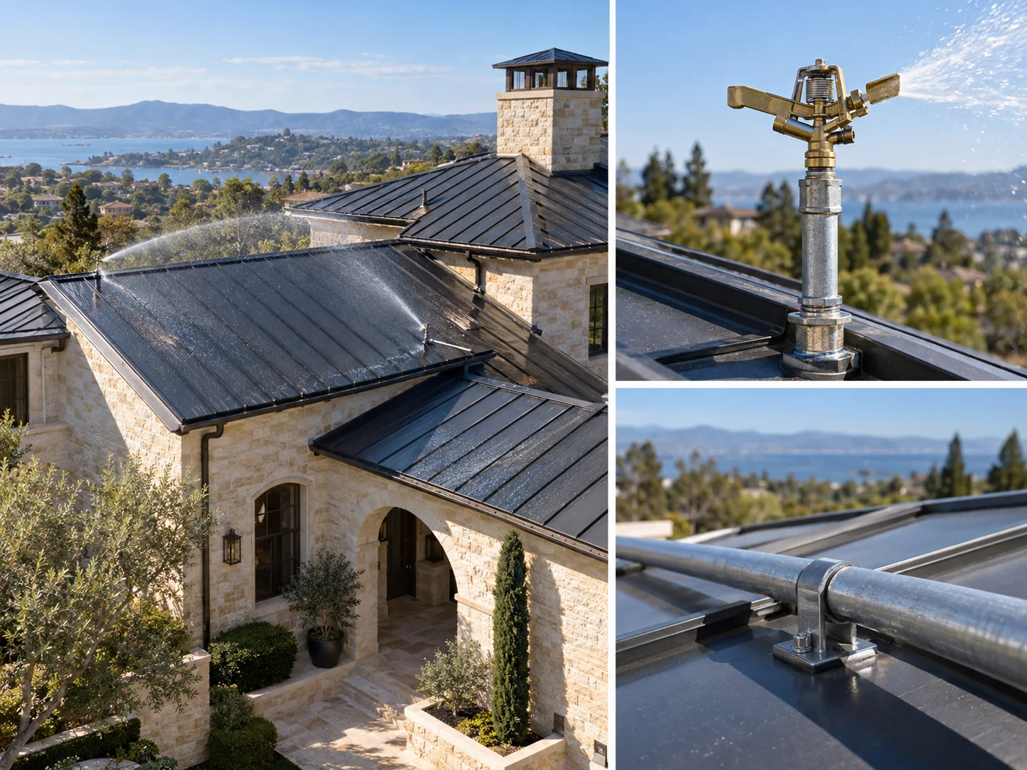 Illustrative collage showing roof-mounted sprinkler installation for luxury homes
