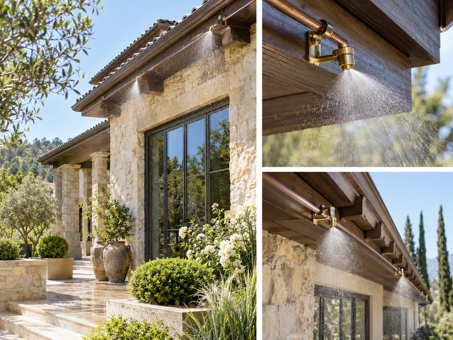 Illustrative collage showing roof-edge & eave sprinklers for luxury homes