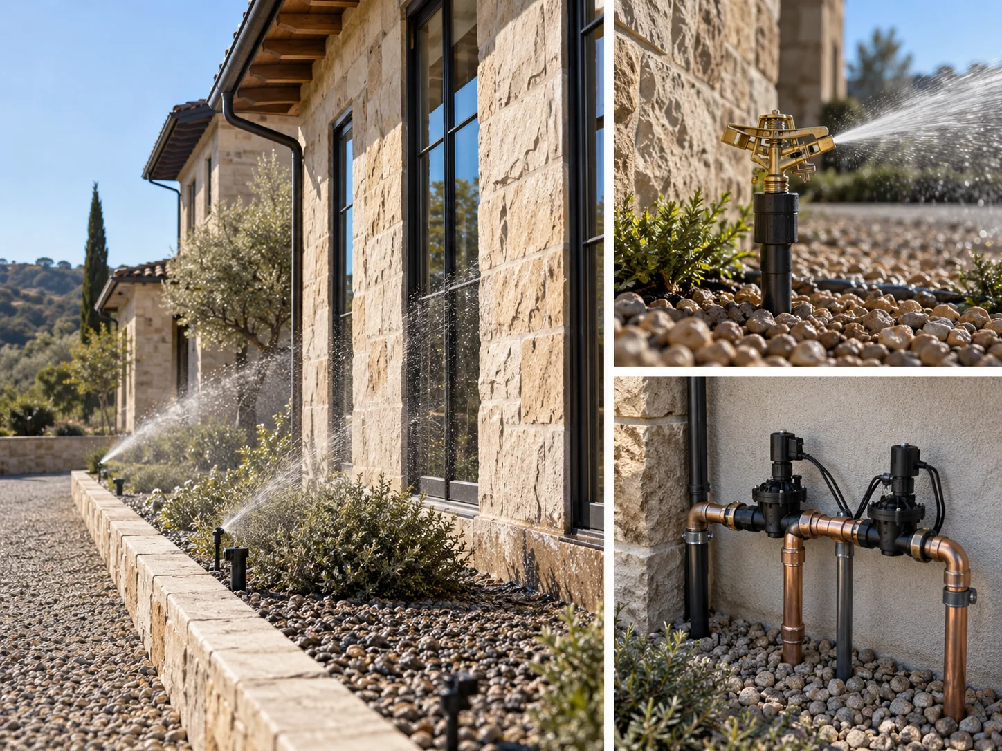 Illustrative collage showing perimeter sprinkler coverage for luxury homes