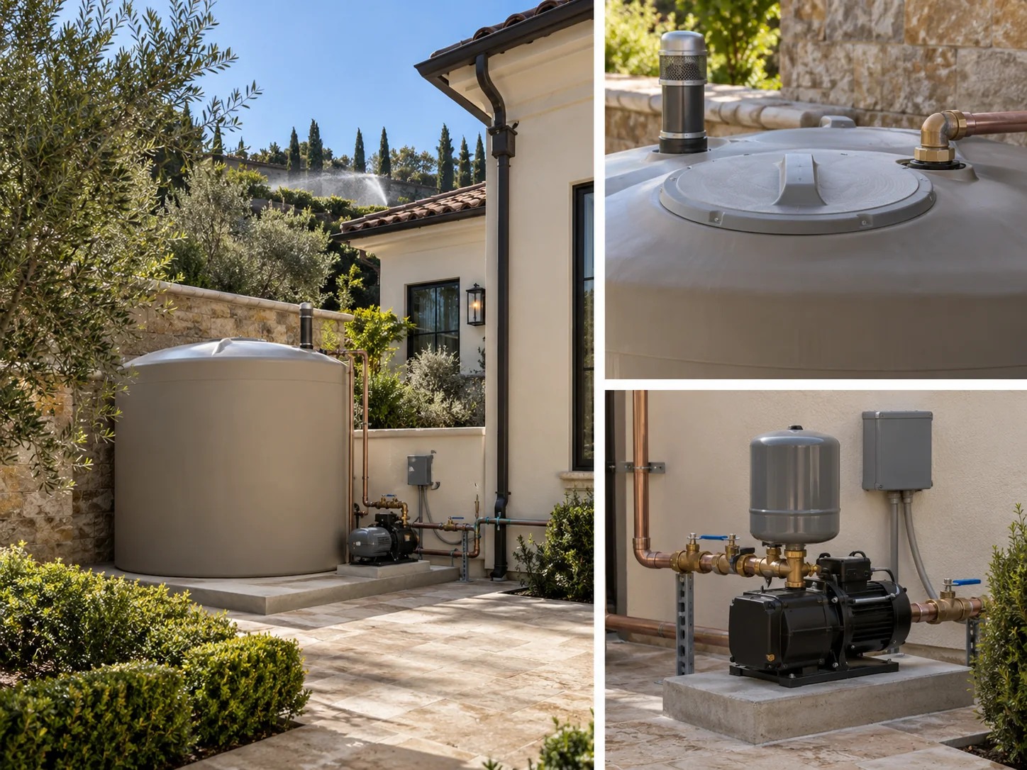 Illustrative collage showing water supply & storage integration for luxury homes