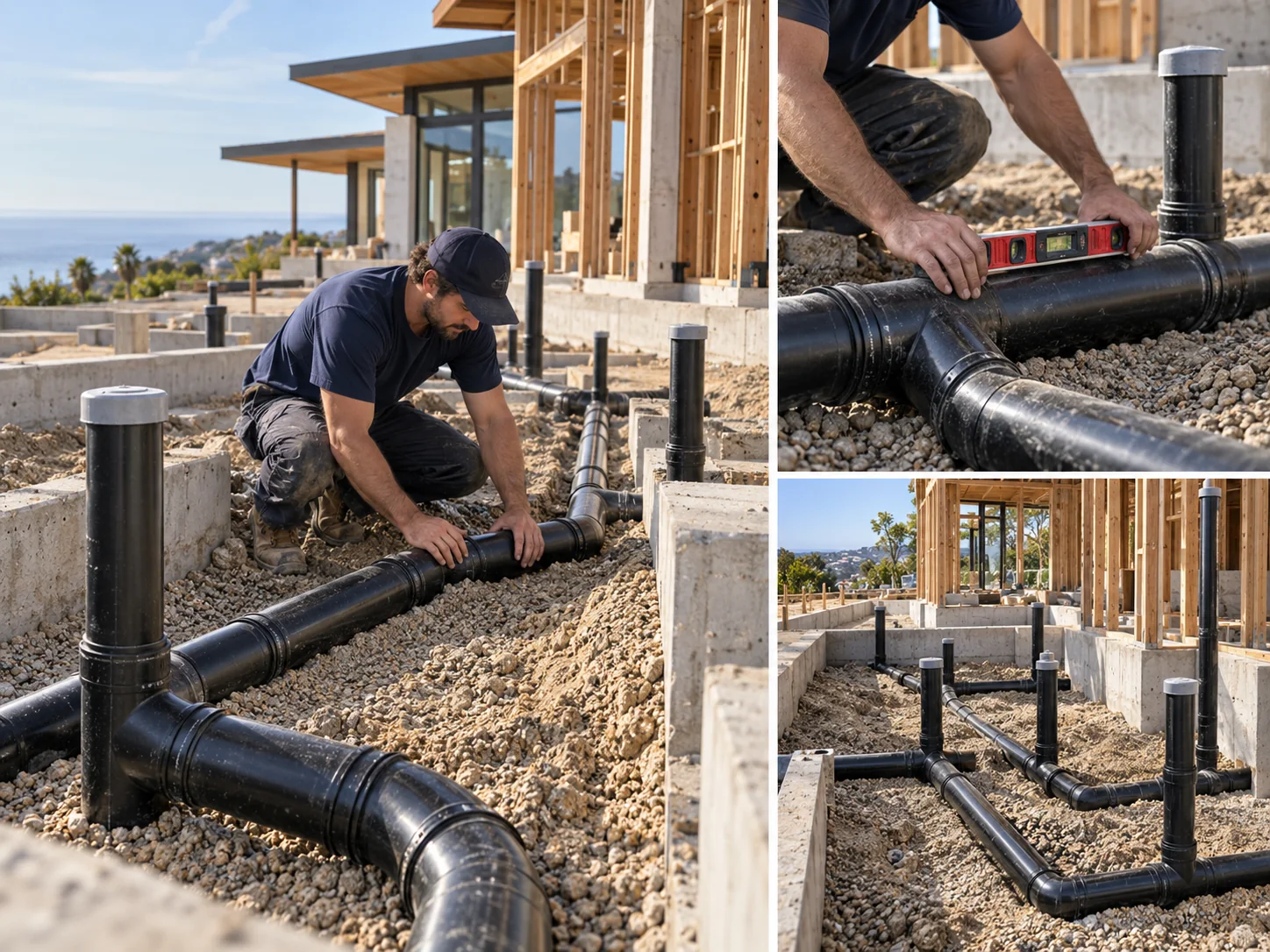 Illustrative collage showing underground plumbing installation for luxury homes