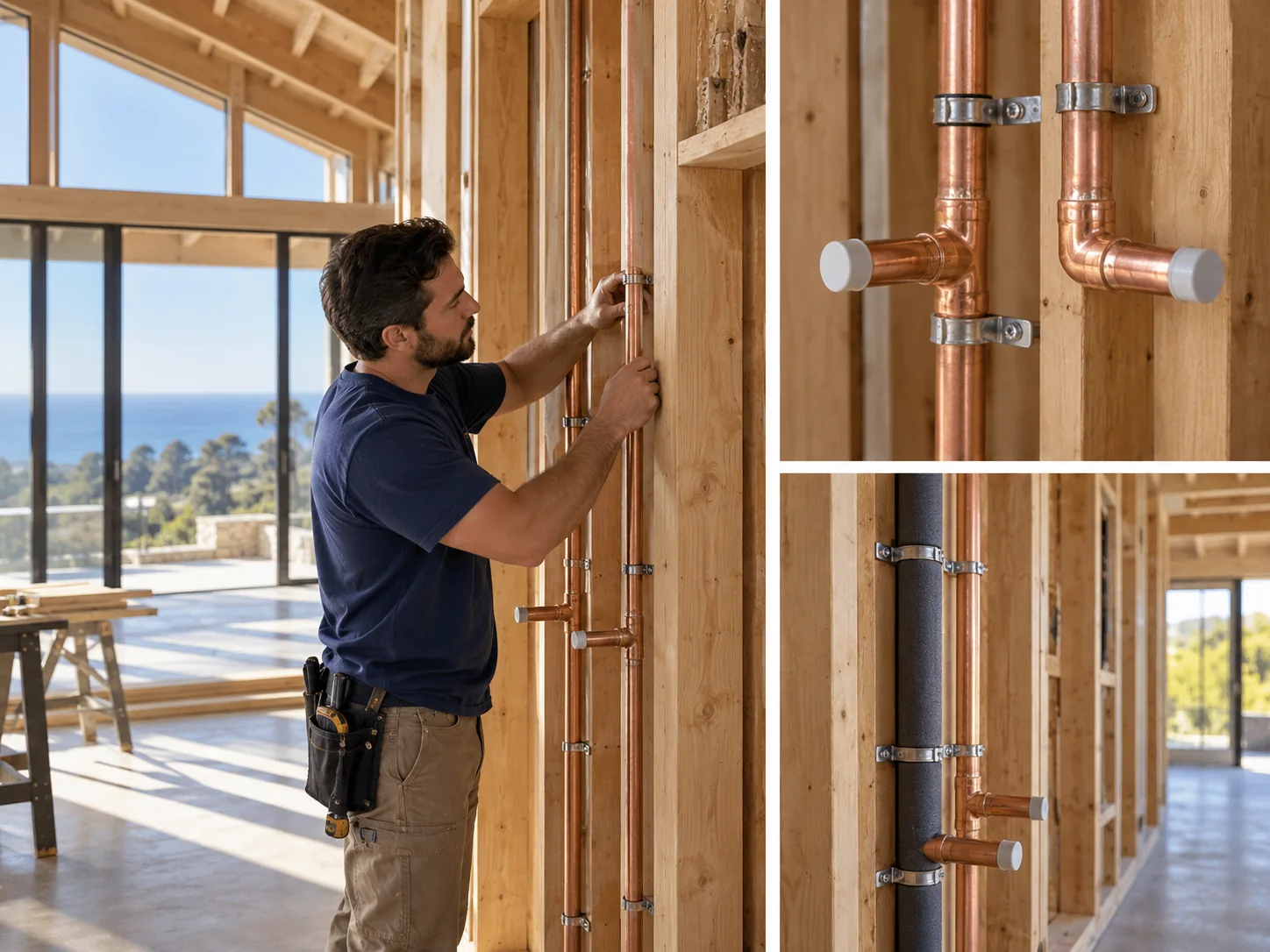 Illustrative collage showing water supply & distribution piping for luxury homes