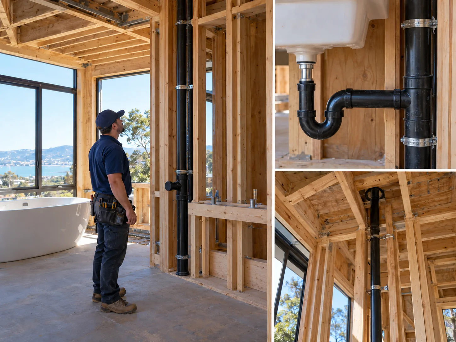 Illustrative collage showing drain, waste & vent (dwv) systems for luxury homes