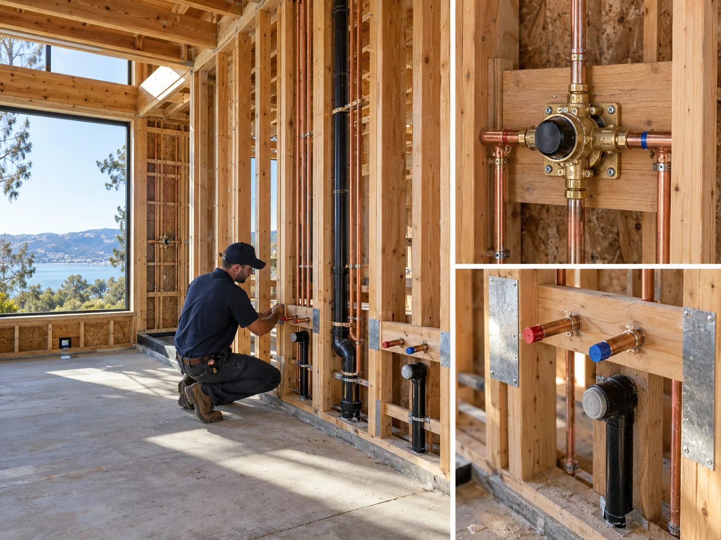 Illustrative collage showing plumbing rough-in for luxury homes