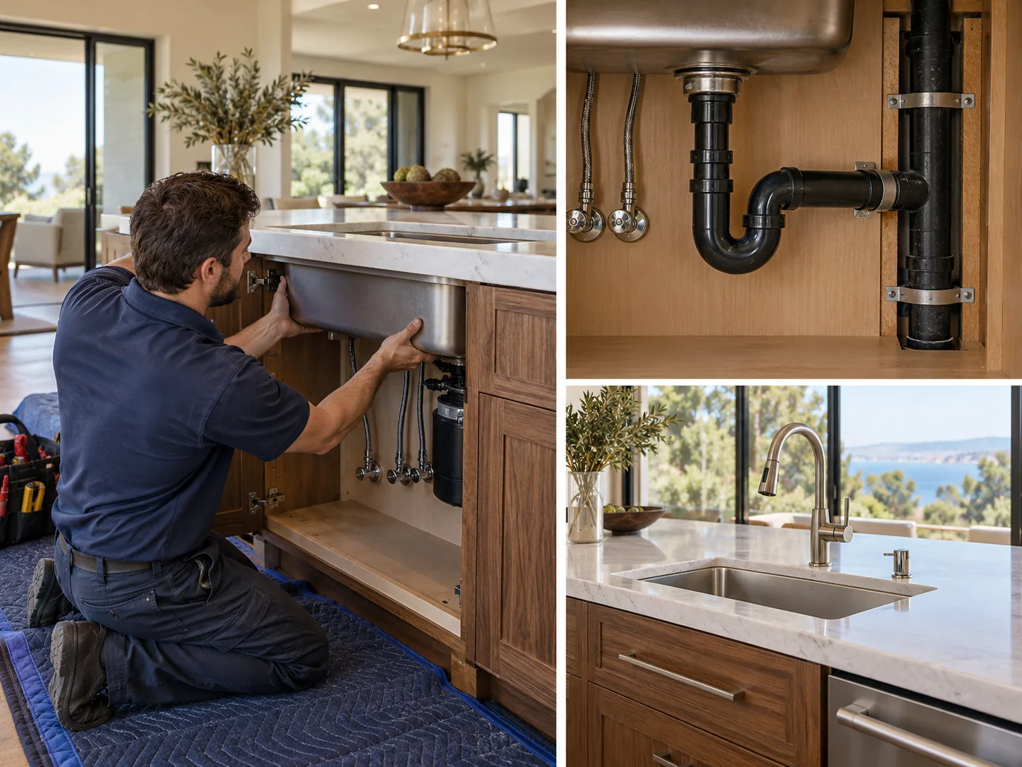 Illustrative collage showing kitchen remodeling plumbing for luxury homes
