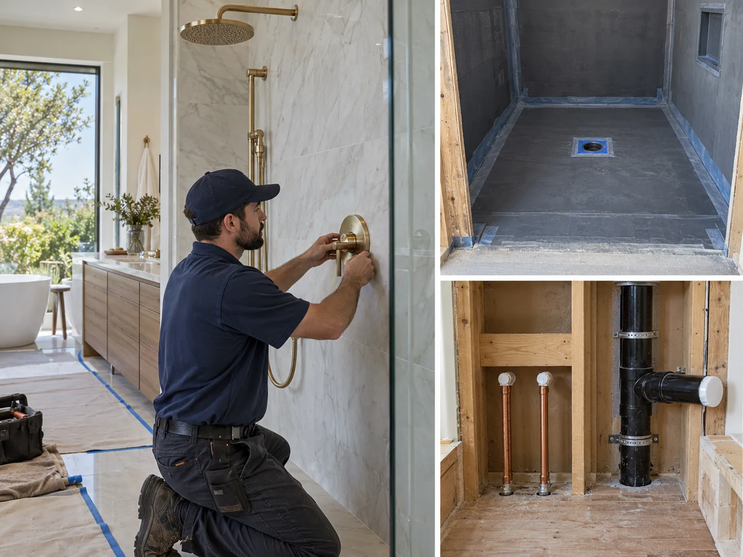 Illustrative collage showing bathroom remodeling plumbing for luxury homes