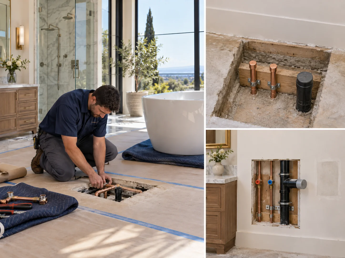 Illustrative collage showing plumbing fixture relocation for luxury homes