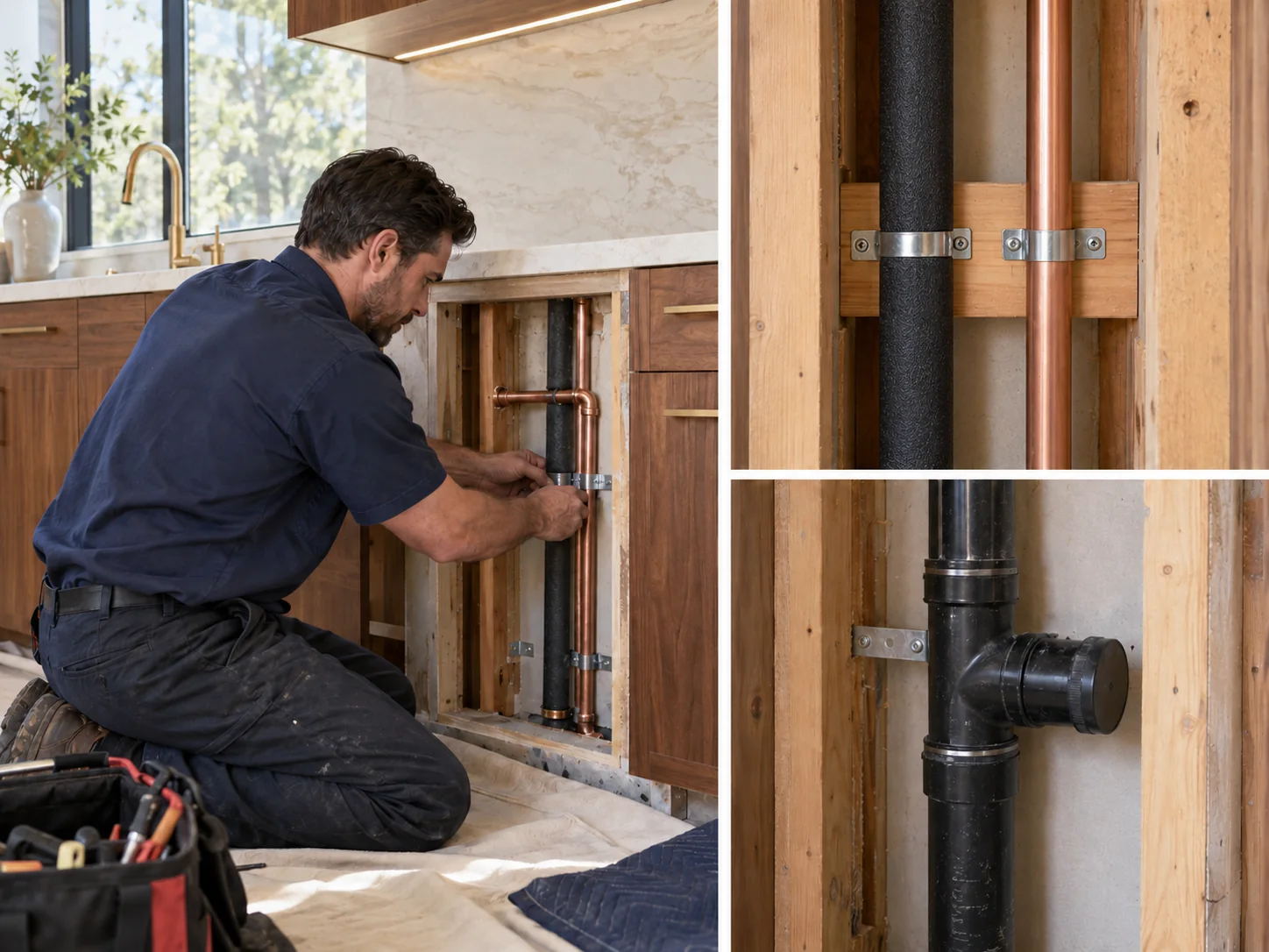 Illustrative collage showing water supply & drain line reconfiguration for luxury homes