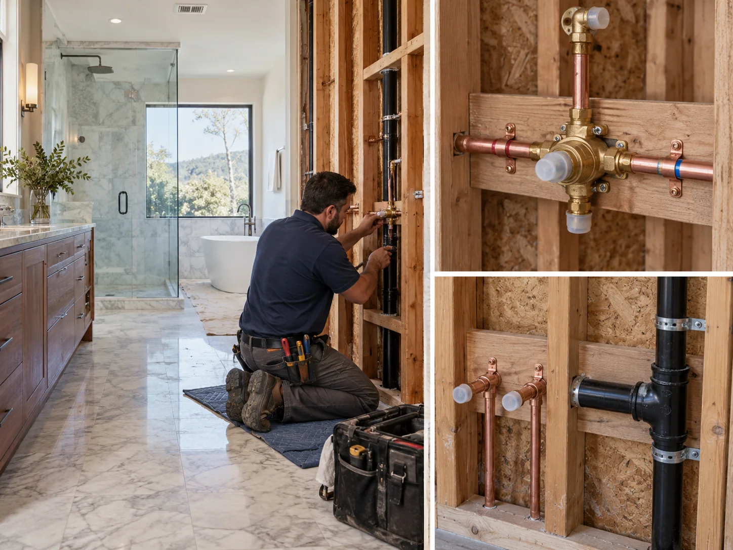 Illustrative collage showing plumbing rough-in for remodels for luxury homes