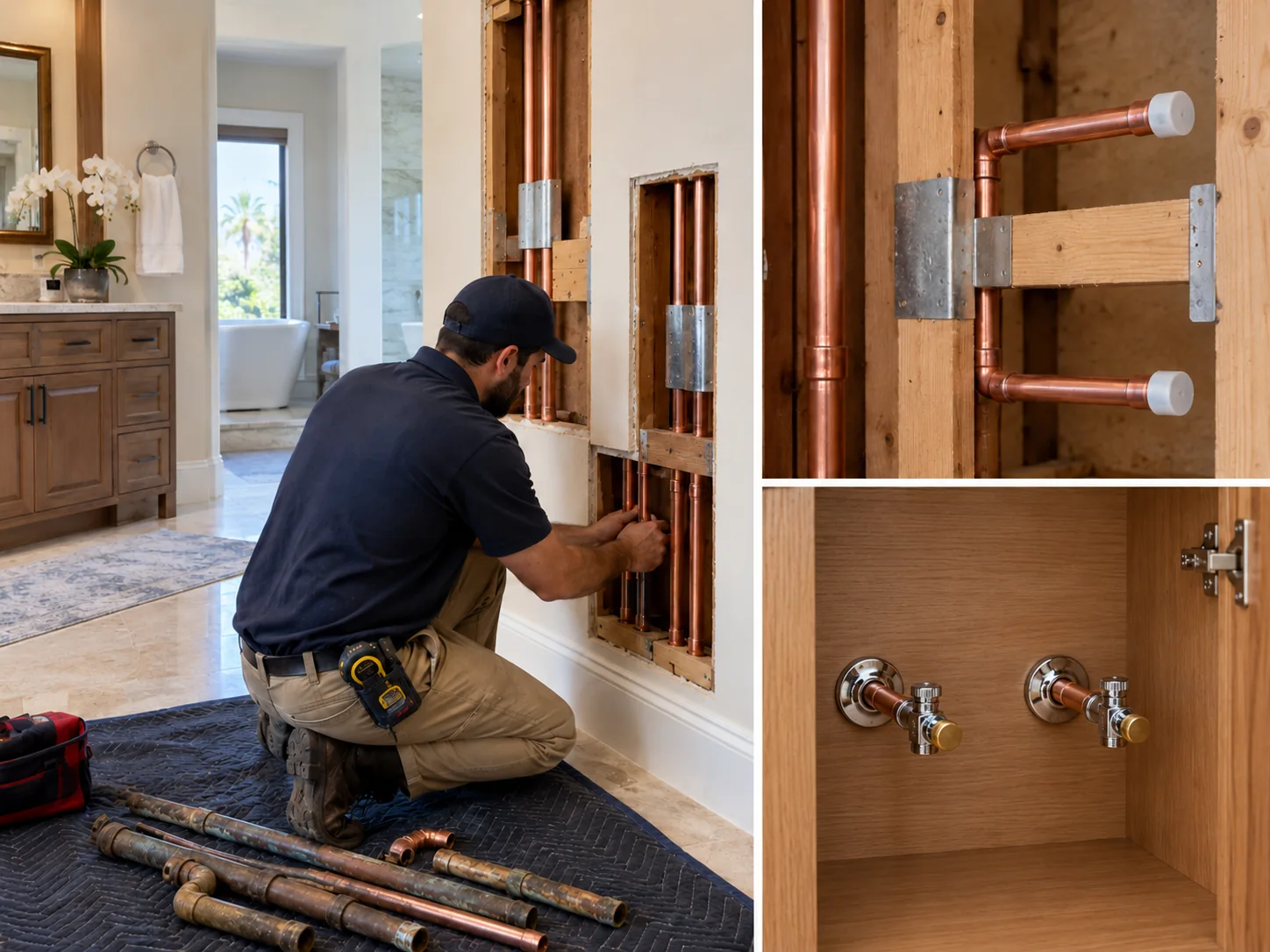Illustrative collage showing whole-home repiping for luxury homes