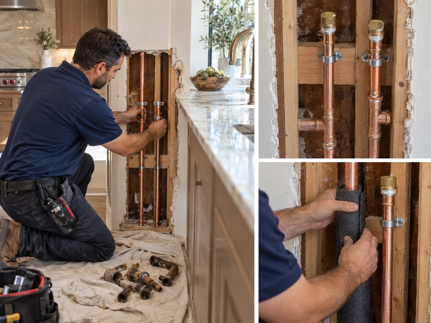 Illustrative collage showing hot & cold water line replacement for luxury homes