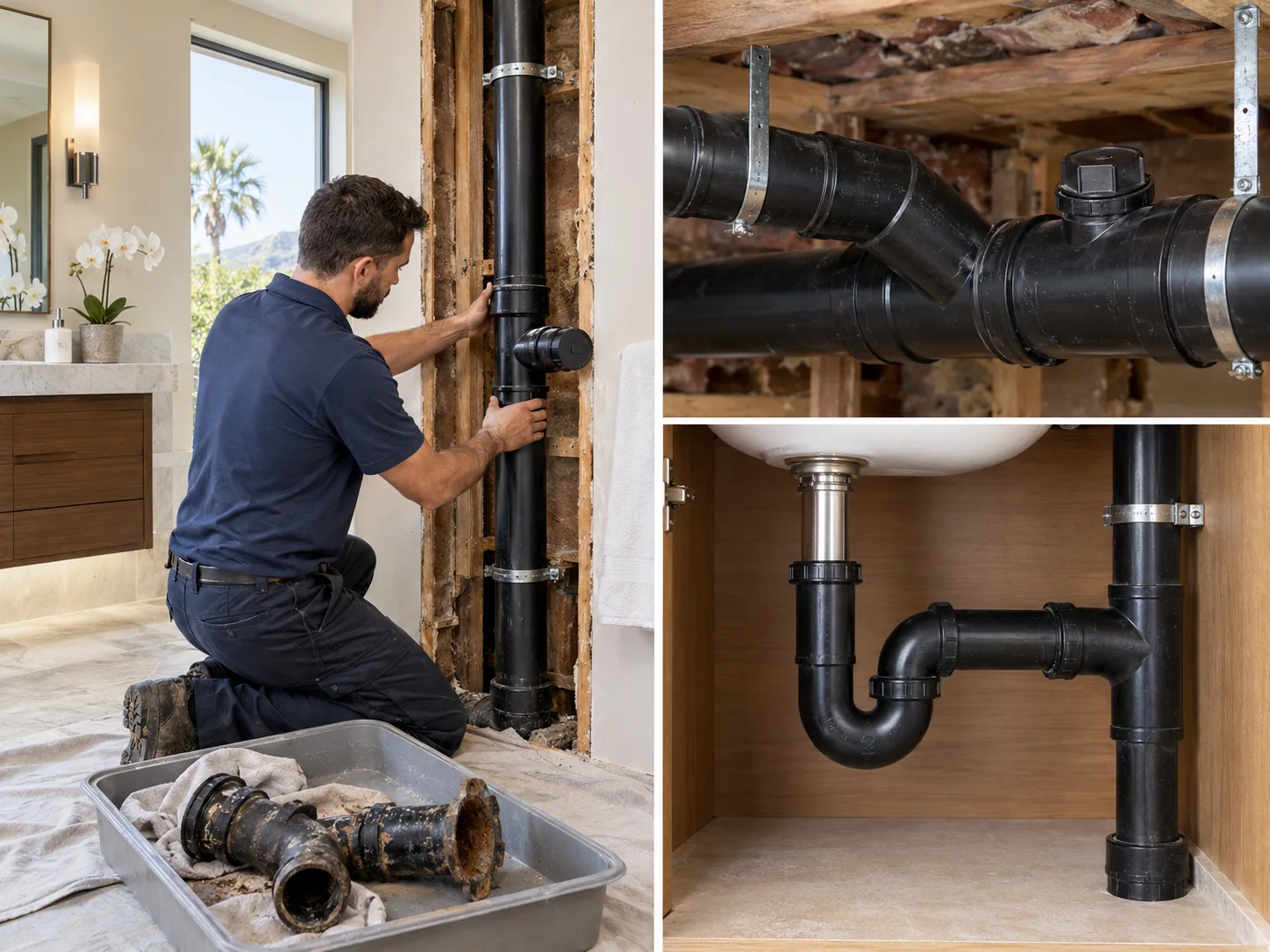 Illustrative collage showing drain & waste pipe replacement for luxury homes