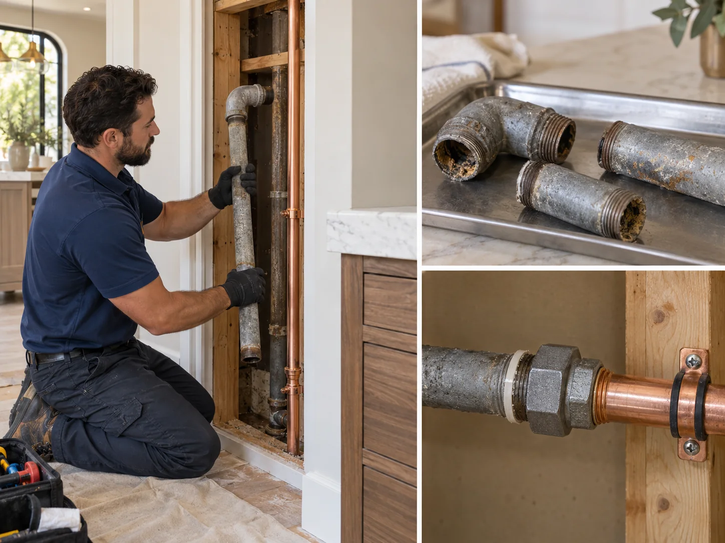 Illustrative collage showing galvanized pipe replacement for luxury homes