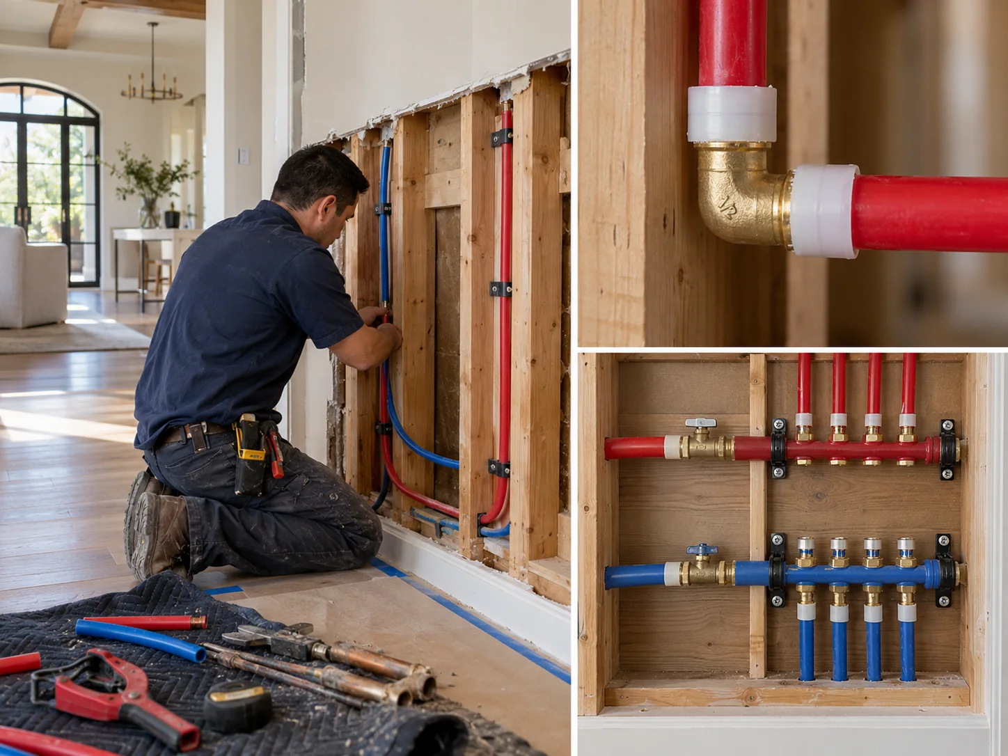 Illustrative collage showing pex water line installation for luxury homes