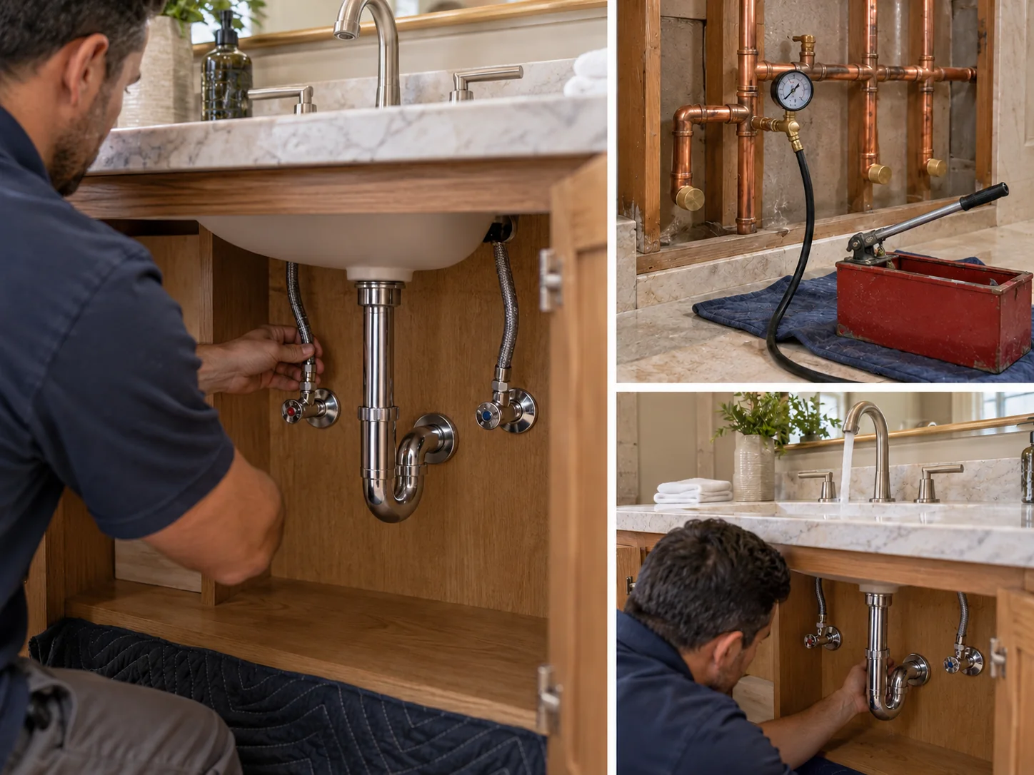 Illustrative collage showing fixture reconnection & pressure testing for luxury homes