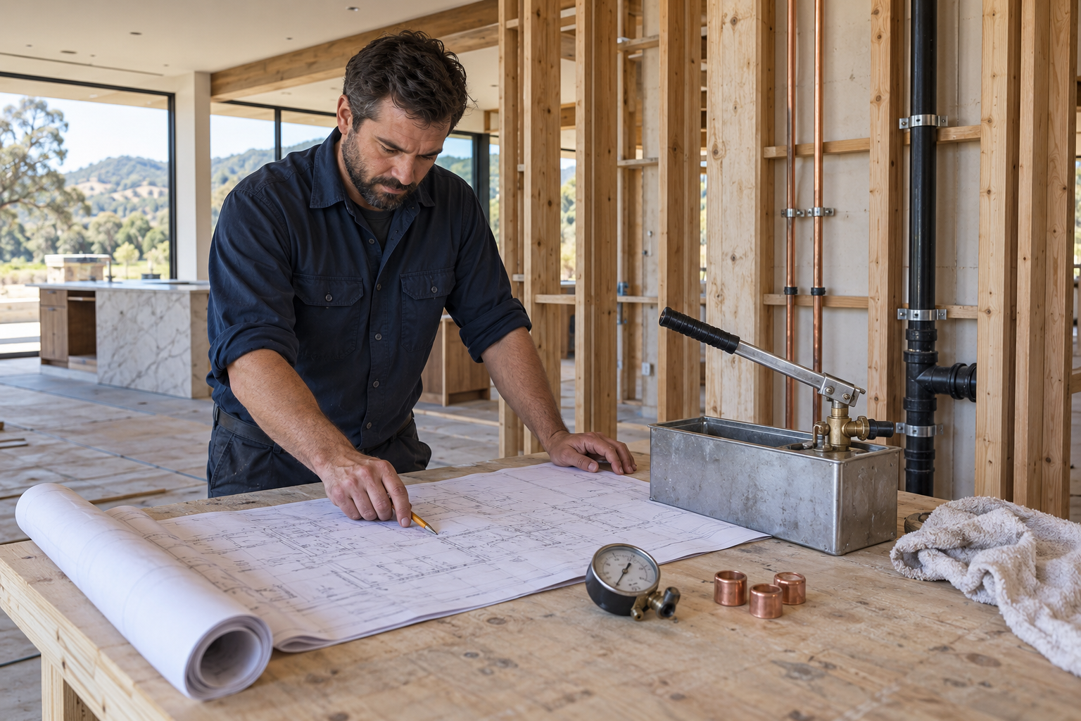 Plumber reviewing plans beside a disconnected water-test pump, gauge, and copper caps in a luxury home under construction