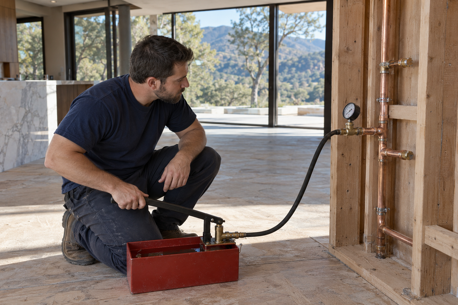 Plumber observing a gauge connected to copper water piping and a manual hydrostatic pump with a water-filled reservoir