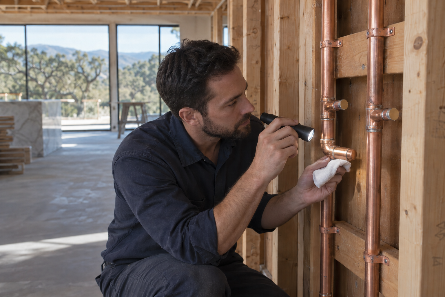 Plumber using a flashlight and clean cloth to inspect a capped copper elbow beside an independent supply riser